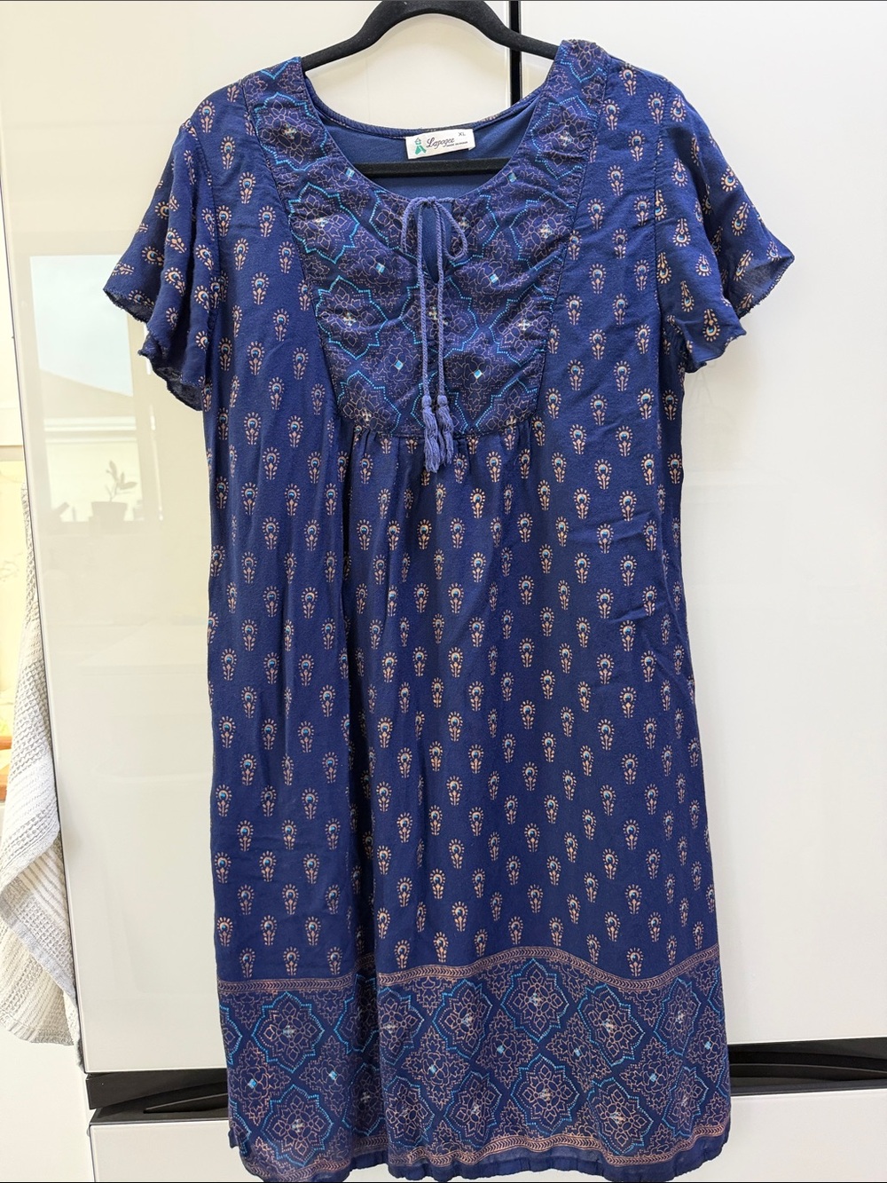 Women's Navy Blue Boho Embroidered Tie-Detail Midi Dress